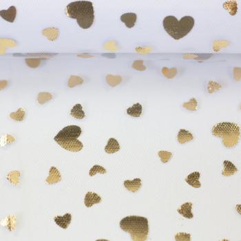Softtüll Twinkle goldene Glitzerherzen auf weißem Tüll